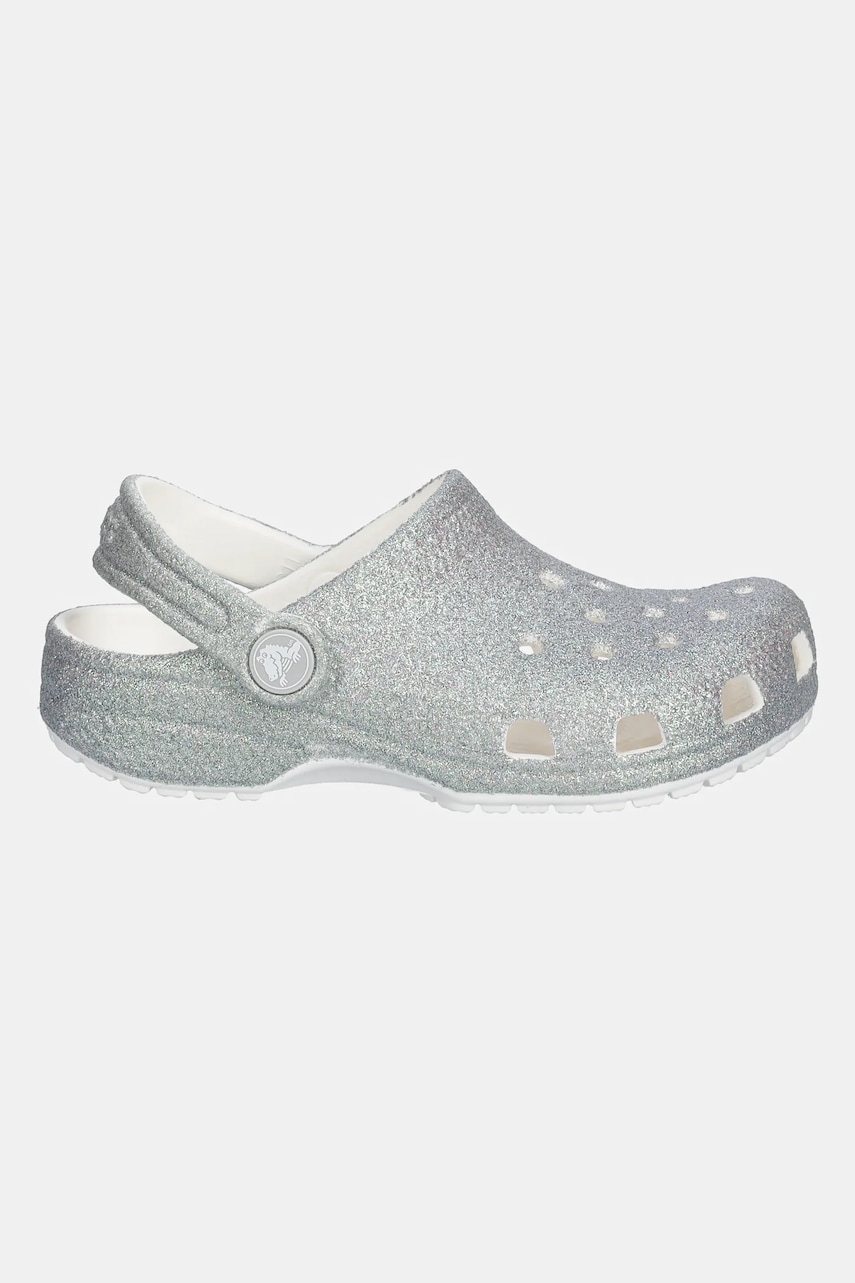 Шлепанцы Crocs CLASSIC IRIDESCENT GLITTER CLOG KIDS цвет серебрянный 210986 Шлепанцы Crocs CLASSIC IRIDESCENT GLITTER CLOG KIDS цвет серебрянный 210986
