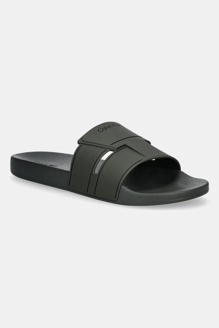 Levně Pantofle Calvin Klein POOL SLIDE DOUBLE T pánské, zelená barva, HM0HM01752