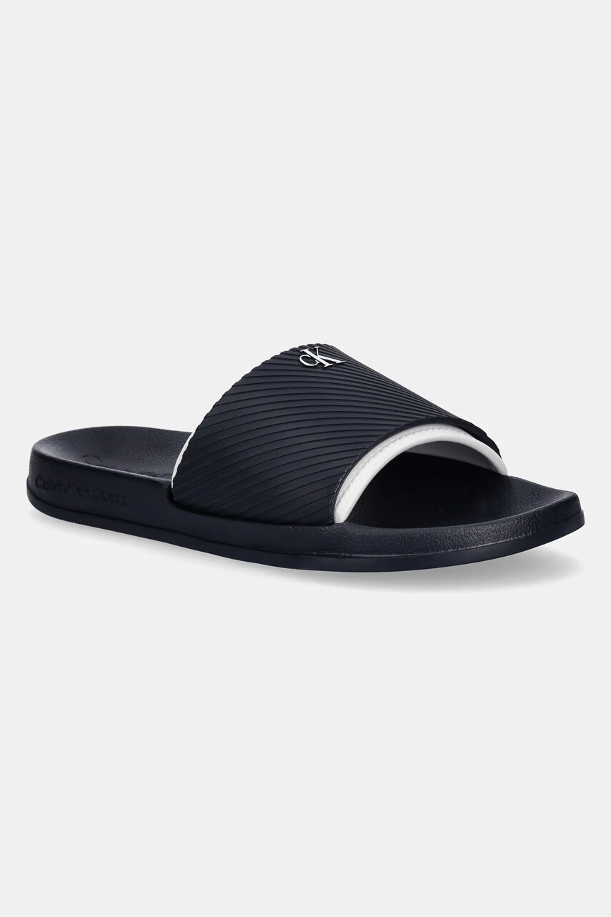 Levně Pantofle Calvin Klein Jeans SLIDE RUBBER NEOPRENE TEXT pánské, tmavomodrá barva, YM0YM01234