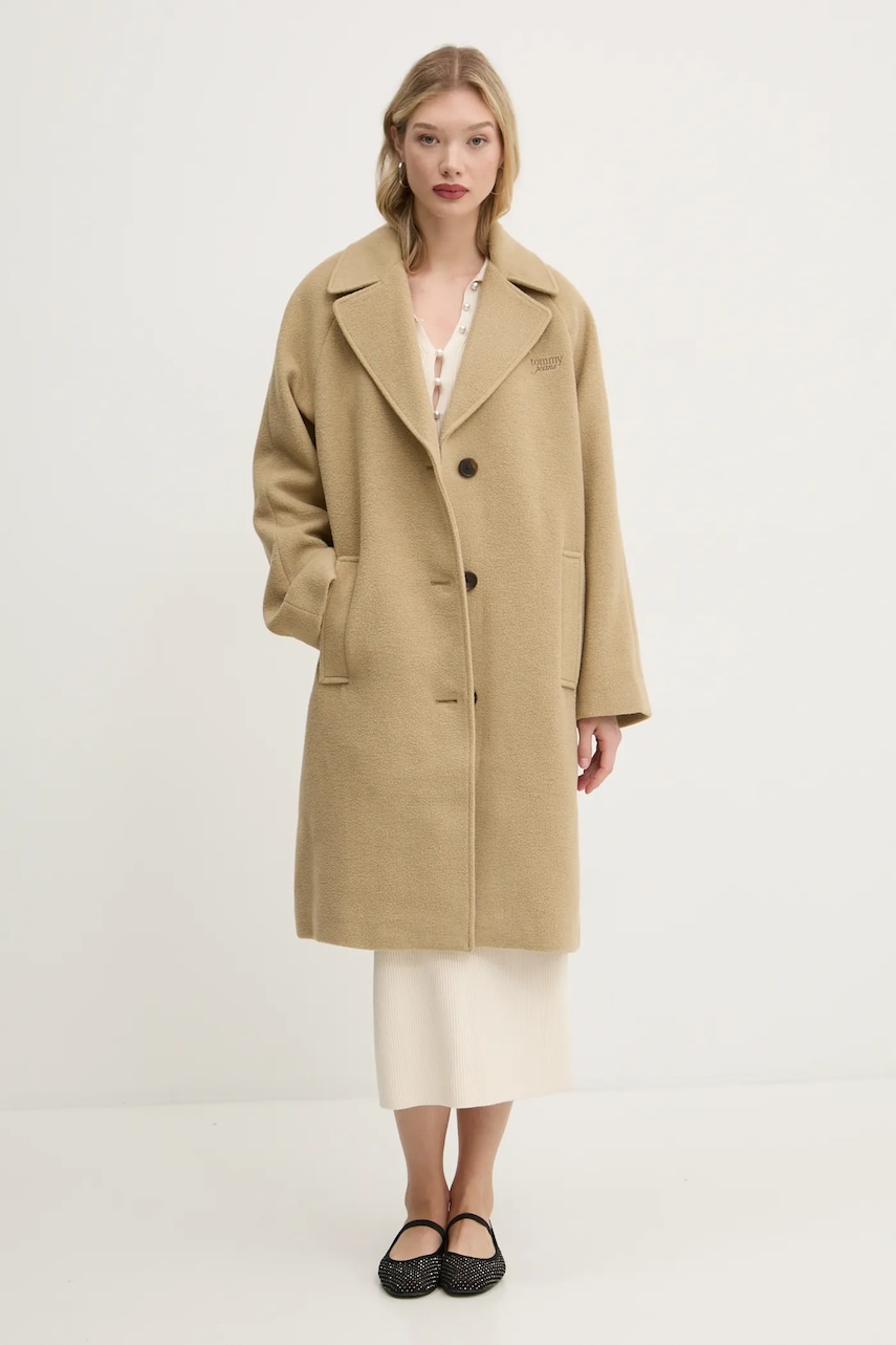 Пальто с примесью шерсти Tommy Jeans цвет бежевый переходное oversize DW0DW20166 Пальто с примесью шерсти Tommy Jeans цвет бежевый переходное oversize DW0DW20166