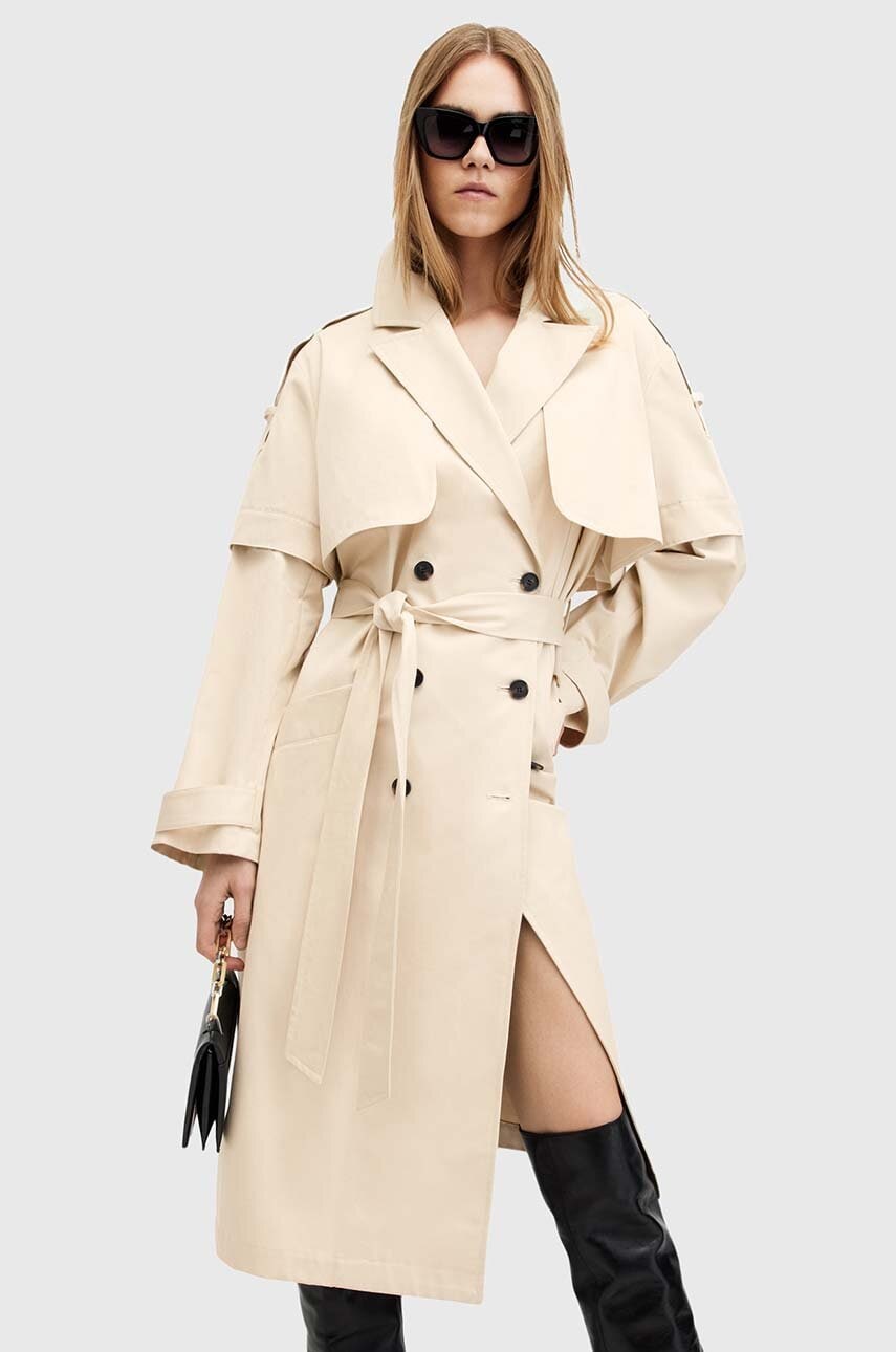 AllSaints trenci din bumbac CLYDE culoarea alb, de tranzitie, cu doua randuri de nasturi, W021OB AllSaints trenci din bumbac CLYDE culoarea alb, de tranzitie, cu doua randuri de nasturi, W021OB