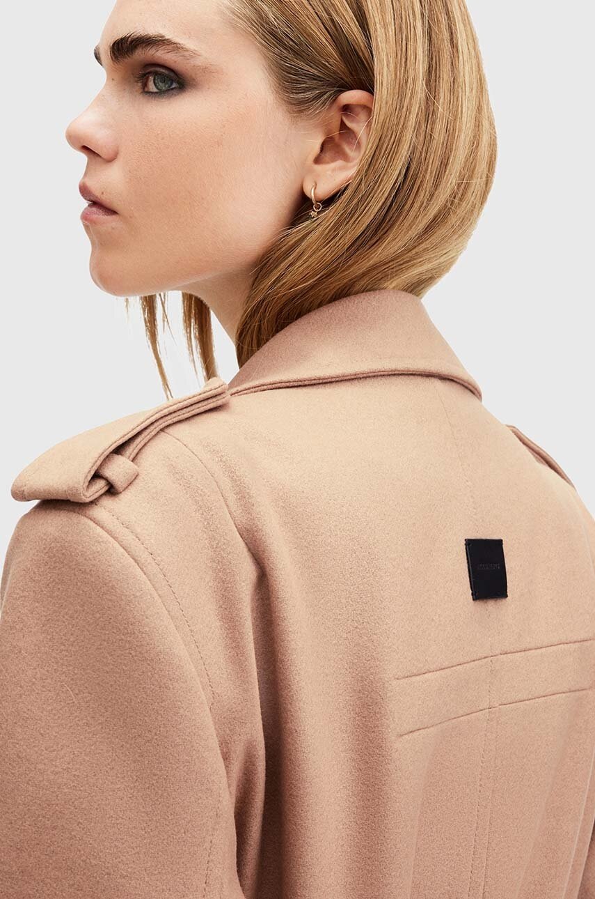 Вовняне пальто AllSaints AUGUSTA колір бежевий перехідне двобортне W058OA 