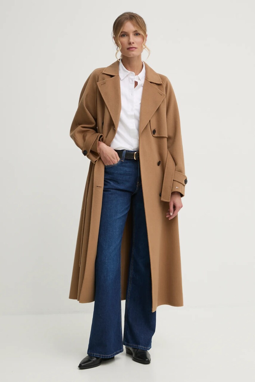 Шерстяное пальто Tommy Hilfiger цвет коричневый переходное двубортное WW0WW45919 Шерстяное пальто Tommy Hilfiger цвет коричневый переходное двубортное WW0WW45919
