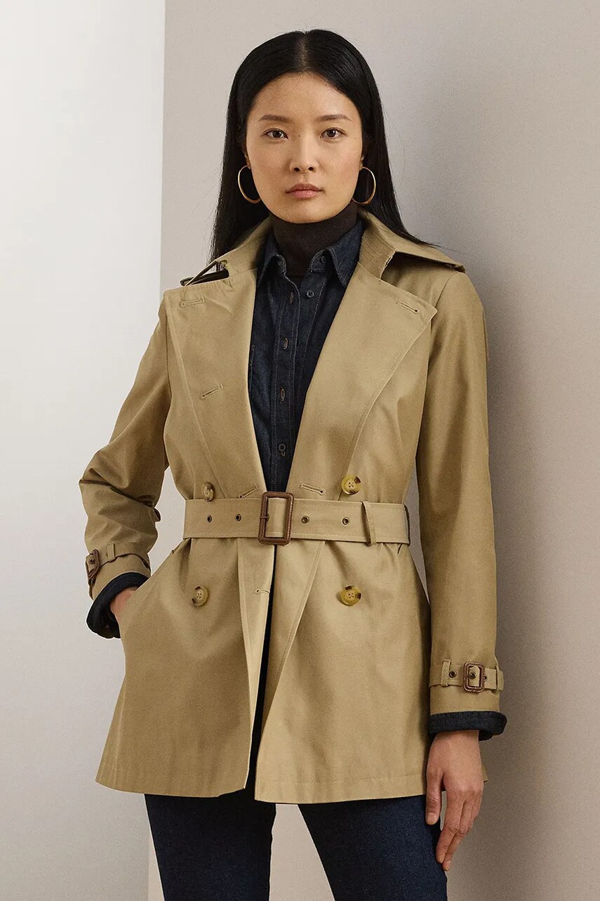 Levně Kabát Lauren Ralph Lauren dámský, béžová barva, přechodný, dvouřadový, 297967126