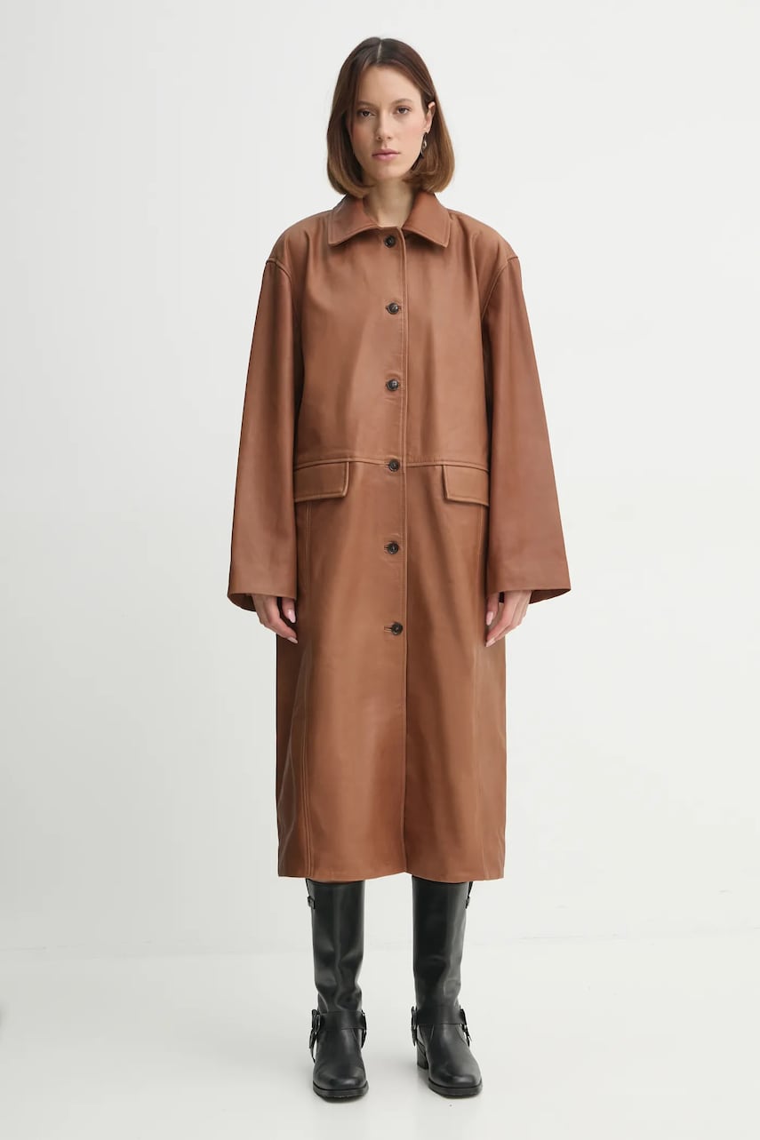 Herskind palton de piele Halston femei, culoarea maro, de tranzitie, 5470175 Herskind palton de piele Halston femei, culoarea maro, de tranzitie, 5470175