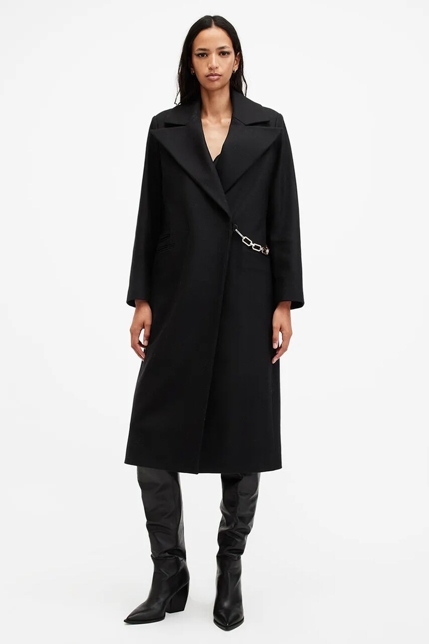 AllSaints palton de lana SIMONE culoarea negru, de tranzitie, cu doua randuri de nasturi, W052OB