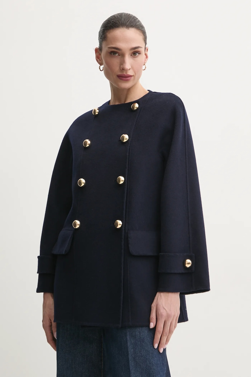 Luisa Spagnoli palton de lana femei, culoarea albastru marin, de tranzitie, cu doua randuri de nasturi, 541721 Luisa Spagnoli palton de lana femei, culoarea albastru marin, de tranzitie, cu doua randuri de nasturi, 541721