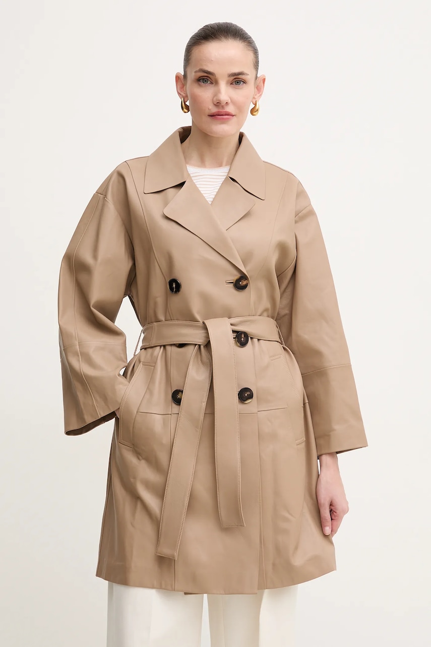 Luisa Spagnoli palton de piele femei, culoarea maro, de tranzitie, 541698