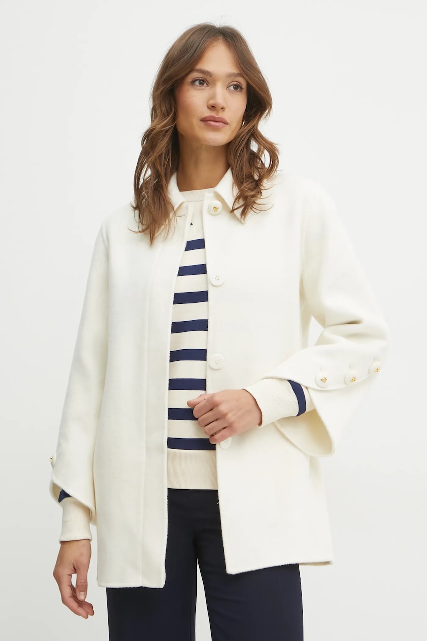 Luisa Spagnoli palton de lana femei, culoarea bej, de tranzitie, oversize, 541645 Luisa Spagnoli palton de lana femei, culoarea bej, de tranzitie, oversize, 541645