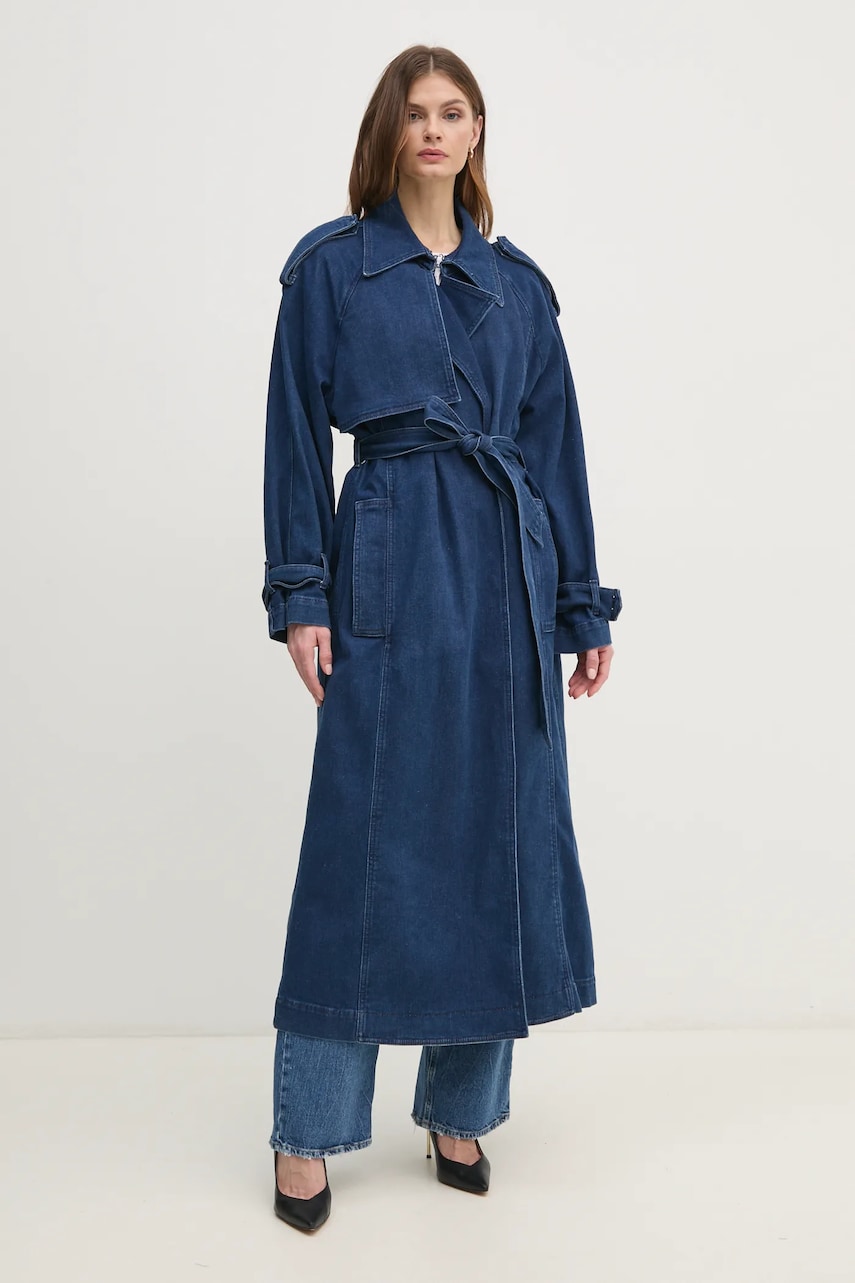 Ivy Oak palton jeans femei, culoarea albastru marin, de tranzitie, cu doua randuri de nasturi, IO111144 Ivy Oak palton jeans femei, culoarea albastru marin, de tranzitie, cu doua randuri de nasturi, IO111144