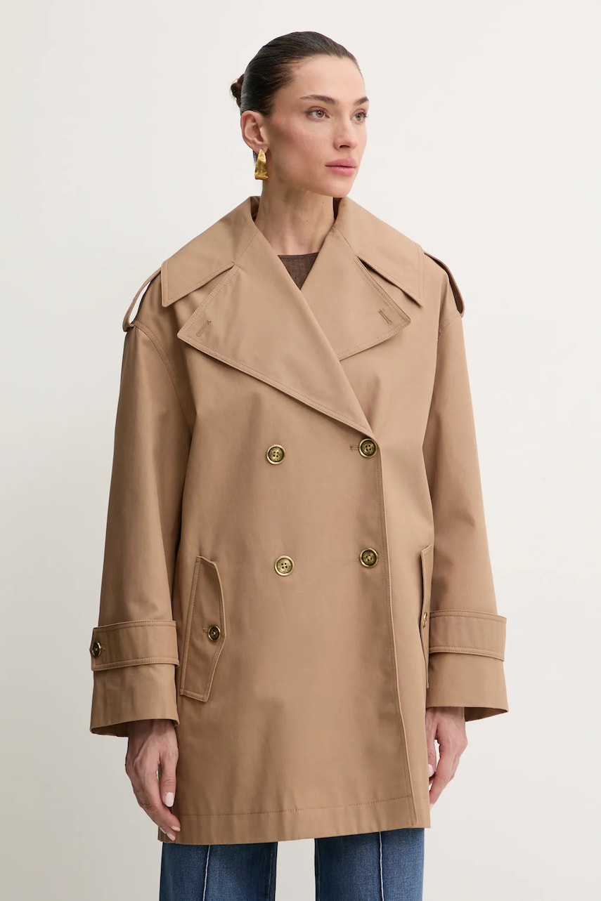 MICHAEL Michael Kors trenci din bumbac femei, culoarea bej, de tranzitie, cu doua randuri de nasturi, MR520GTDTY MICHAEL Michael Kors trenci din bumbac femei, culoarea bej, de tranzitie, cu doua randuri de nasturi, MR520GTDTY