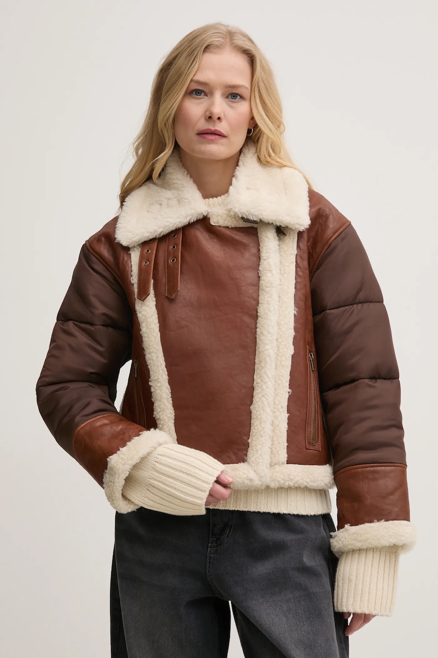 BA&SH geaca de piele EXPLORA femei, culoarea maro, de tranzitie, oversize, 1E25EXPL