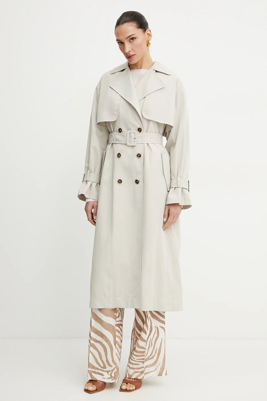 Levně Trench kabát Guess AMIRA dámský, béžová barva, přechodný, oversize, W5GL33 WHAE2