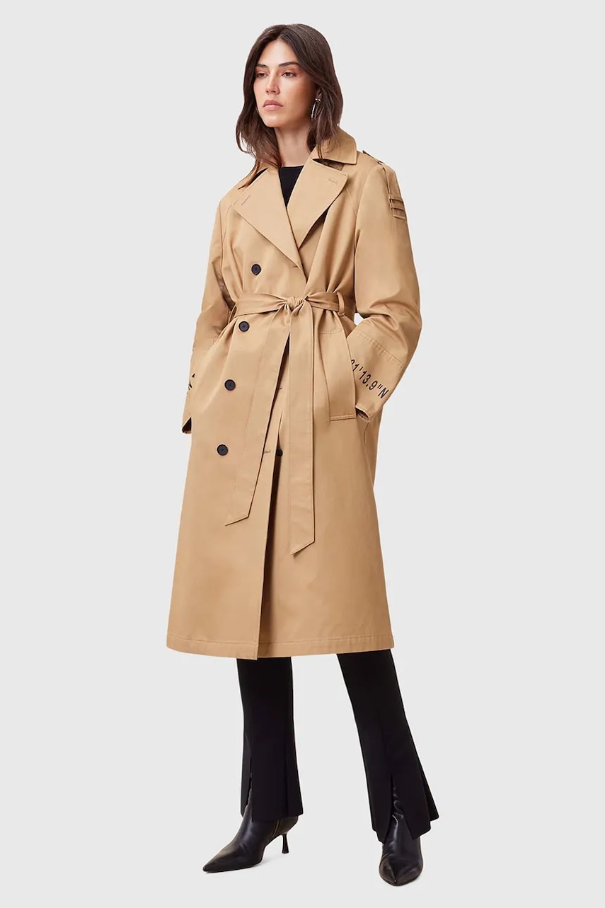 AllSaints trenci din bumbac DEMMI femei, culoarea maro, de tranzitie, cu doua randuri de nasturi, W027OC AllSaints trenci din bumbac DEMMI femei, culoarea maro, de tranzitie, cu doua randuri de nasturi, W027OC