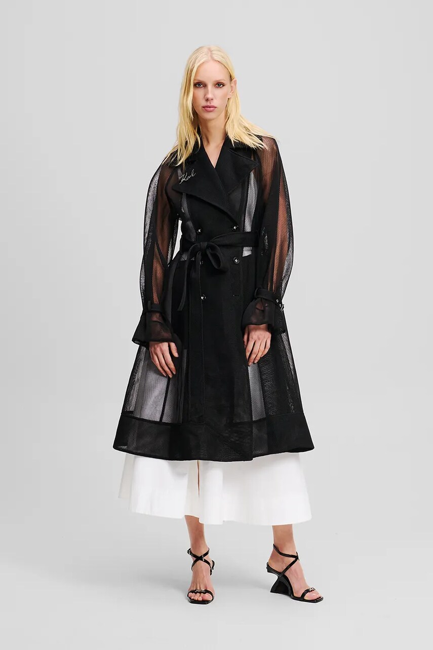 Karl Lagerfeld trenci femei, culoarea negru, de tranzitie, cu doua randuri de nasturi, A2W15021