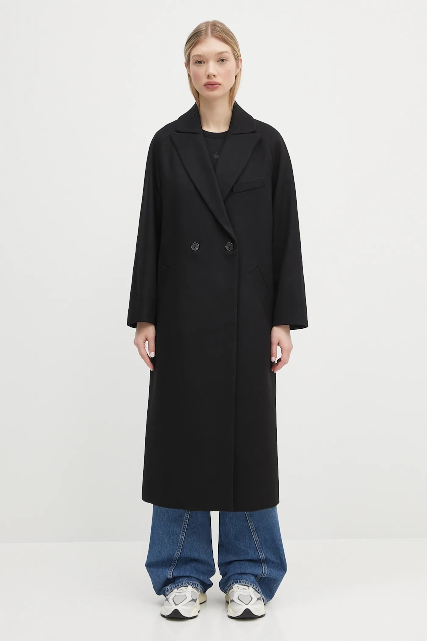 A.P.C. palton de lână Manteau Flora culoarea negru, de tranzitie, cu doua randuri de nasturi, WOAJS.F01541