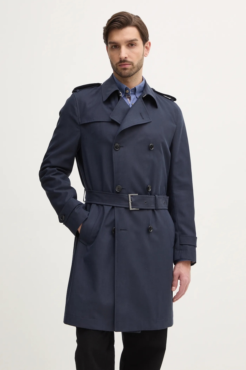 BOSS trenci bărbați, culoarea bleumarin, de tranziție, cu doua randuri de nasturi, 50534911 BOSS trenci bărbați, culoarea bleumarin, de tranziție, cu doua randuri de nasturi, 50534911