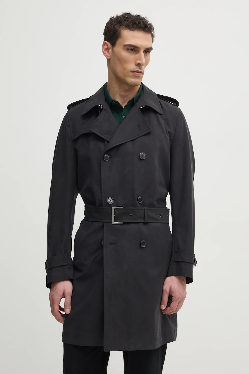 BOSS trenci bărbați, culoarea negru, de tranziție, cu doua randuri de nasturi, 50534911 BOSS trenci bărbați, culoarea negru, de tranziție, cu doua randuri de nasturi, 50534911