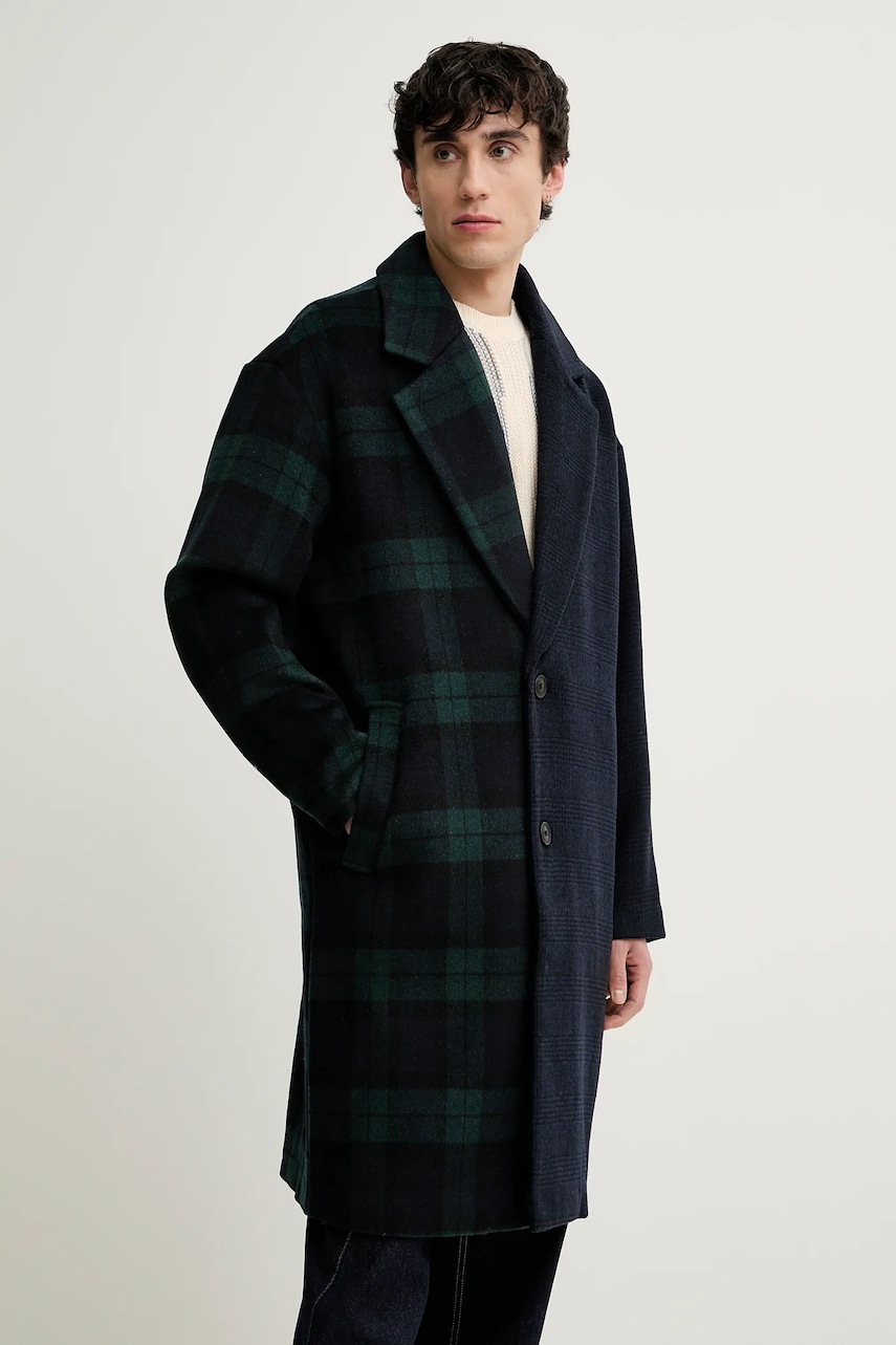 Desigual palton de lana YUKON barbati, culoarea albastru marin, de tranzitie, oversize, 25SMEW04 Desigual palton de lana YUKON barbati, culoarea albastru marin, de tranzitie, oversize, 25SMEW04