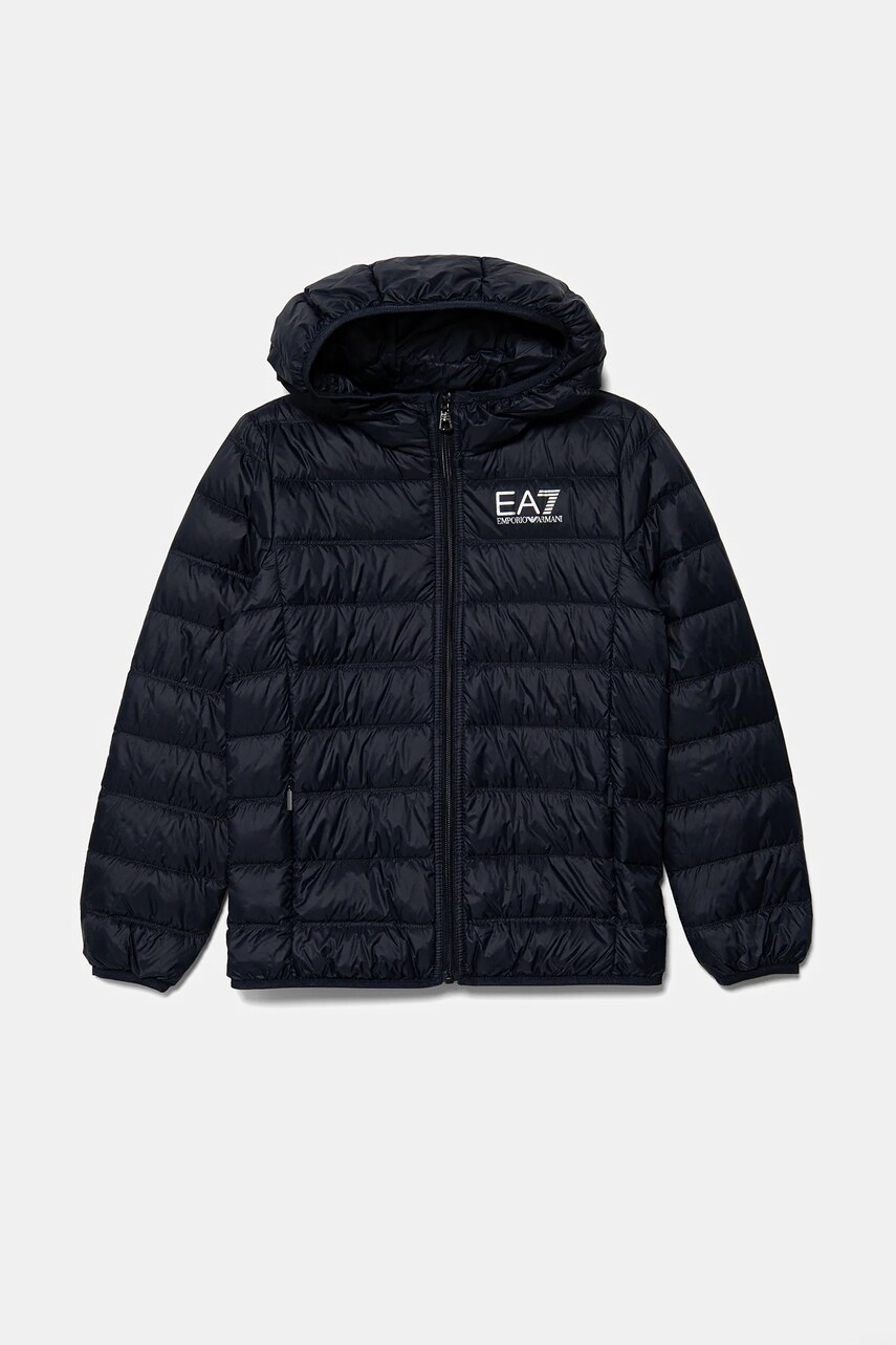 Levně Dětská péřová bunda EA7 Emporio Armani tmavomodrá barva, 7B000035 AF12477