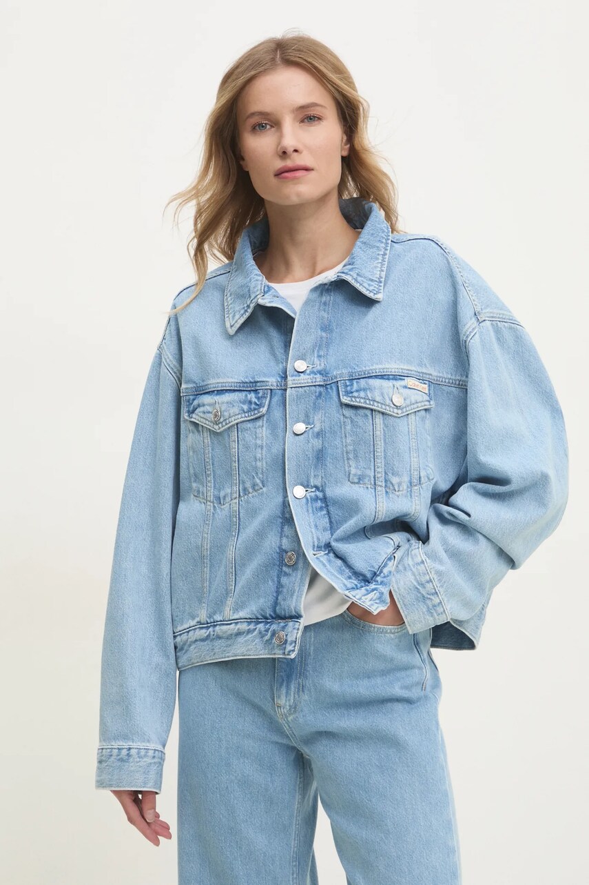 Levně Džínová bunda Calvin Klein Jeans dámská, modrá barva, přechodná, J20J224548