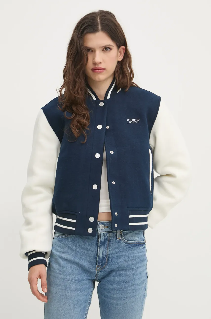 Bunda z vlněné směsi Tommy Jeans tmavomodrá barva, přechodná, DW0DW19320