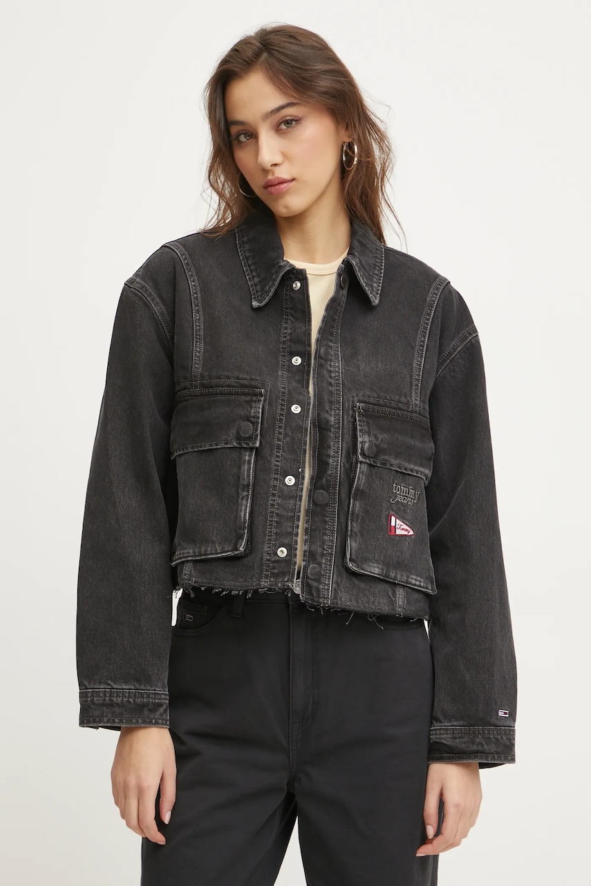 Tommy Jeans geacă din denim femei, culoarea negru, de tranziție, oversized, DW0DW20545 Tommy Jeans geacă din denim femei, culoarea negru, de tranziție, oversized, DW0DW20545