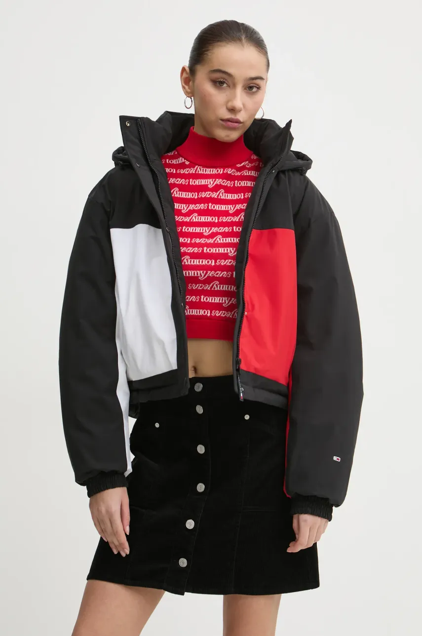Bunda Tommy Jeans dámská, černá barva, přechodná, DW0DW20550