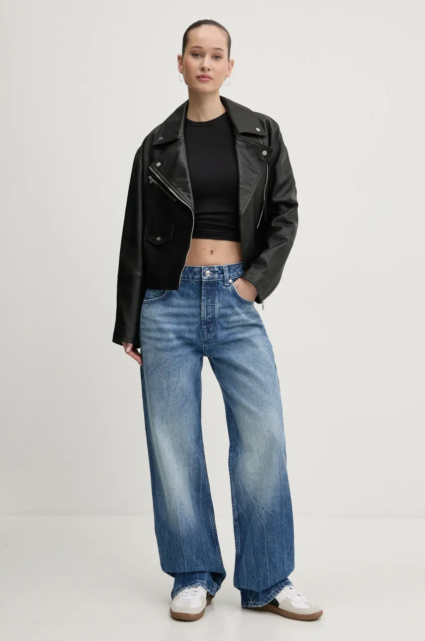 Кожаная куртка HUGO женская цвет чёрный переходная oversize 50533803 Кожаная куртка HUGO женская цвет чёрный переходная oversize 50533803