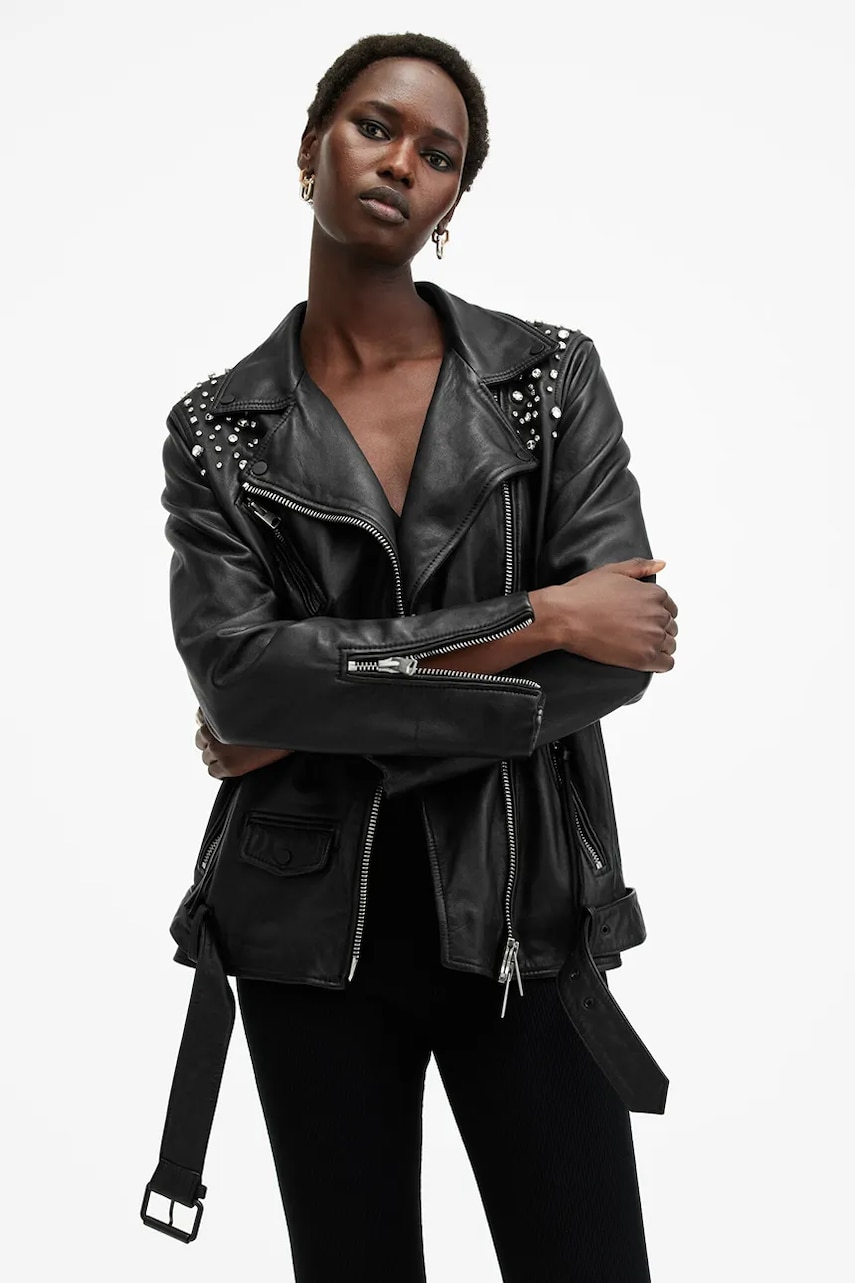 AllSaints geaca de piele BILLIE EMB femei, culoarea negru, de tranzitie, W137LB AllSaints geaca de piele BILLIE EMB femei, culoarea negru, de tranzitie, W137LB