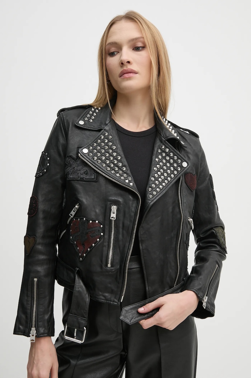 AllSaints geaca de piele COLLEGE femei, culoarea negru, de tranzitie, W138LB AllSaints geaca de piele COLLEGE femei, culoarea negru, de tranzitie, W138LB