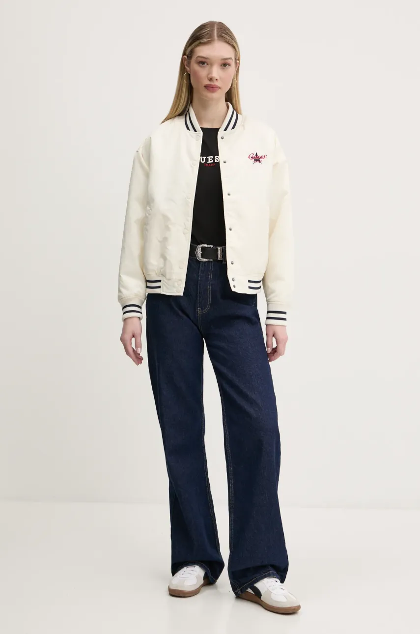Куртка-бомбер Guess Jeans женская цвет бежевый переходная oversize W5RL43 WHAA2 Куртка-бомбер Guess Jeans женская цвет бежевый переходная oversize W5RL43 WHAA2