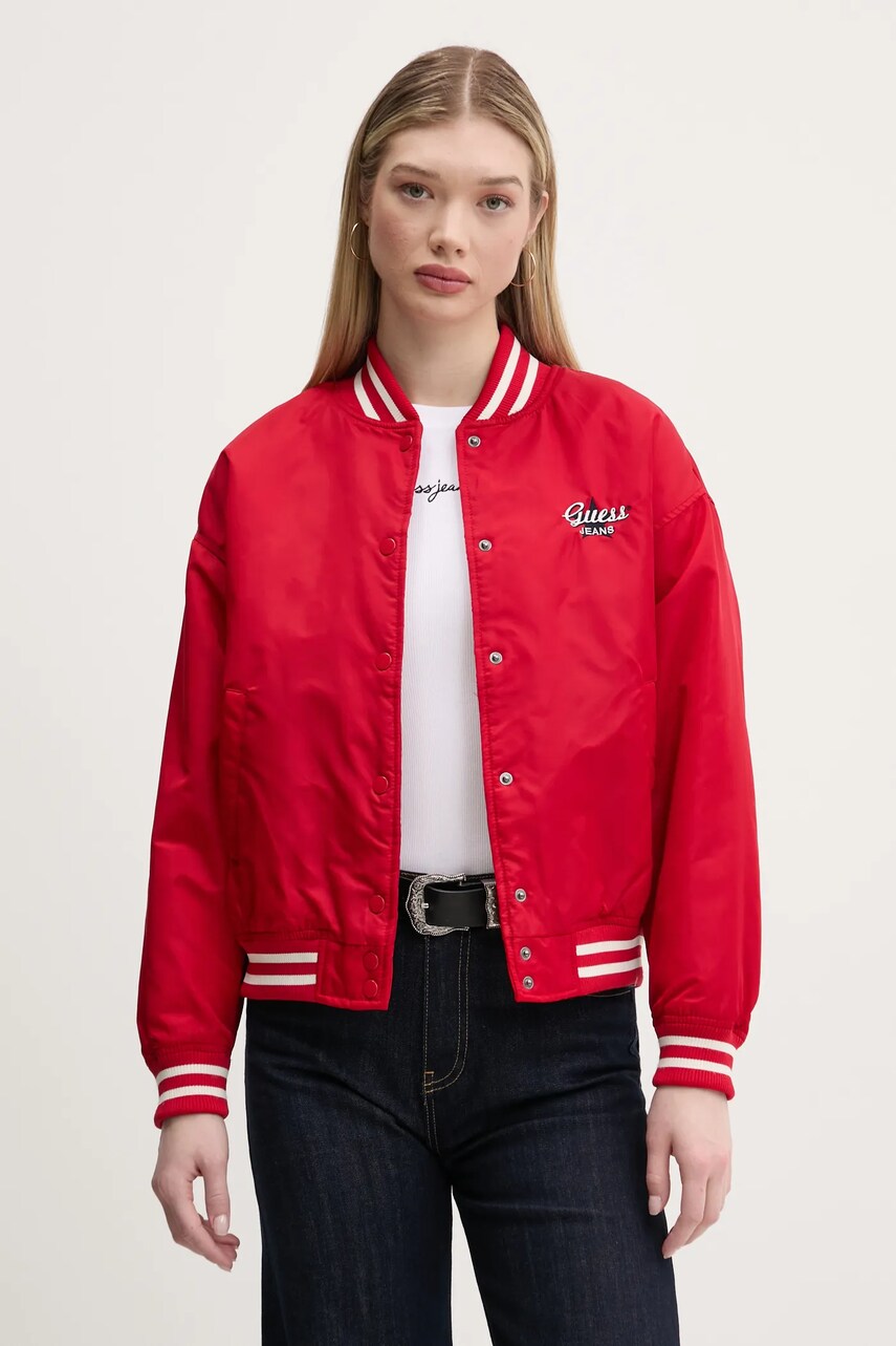 Levně Bomber bunda Guess Jeans červená barva, přechodná, oversize, W5RL43 WHAA2