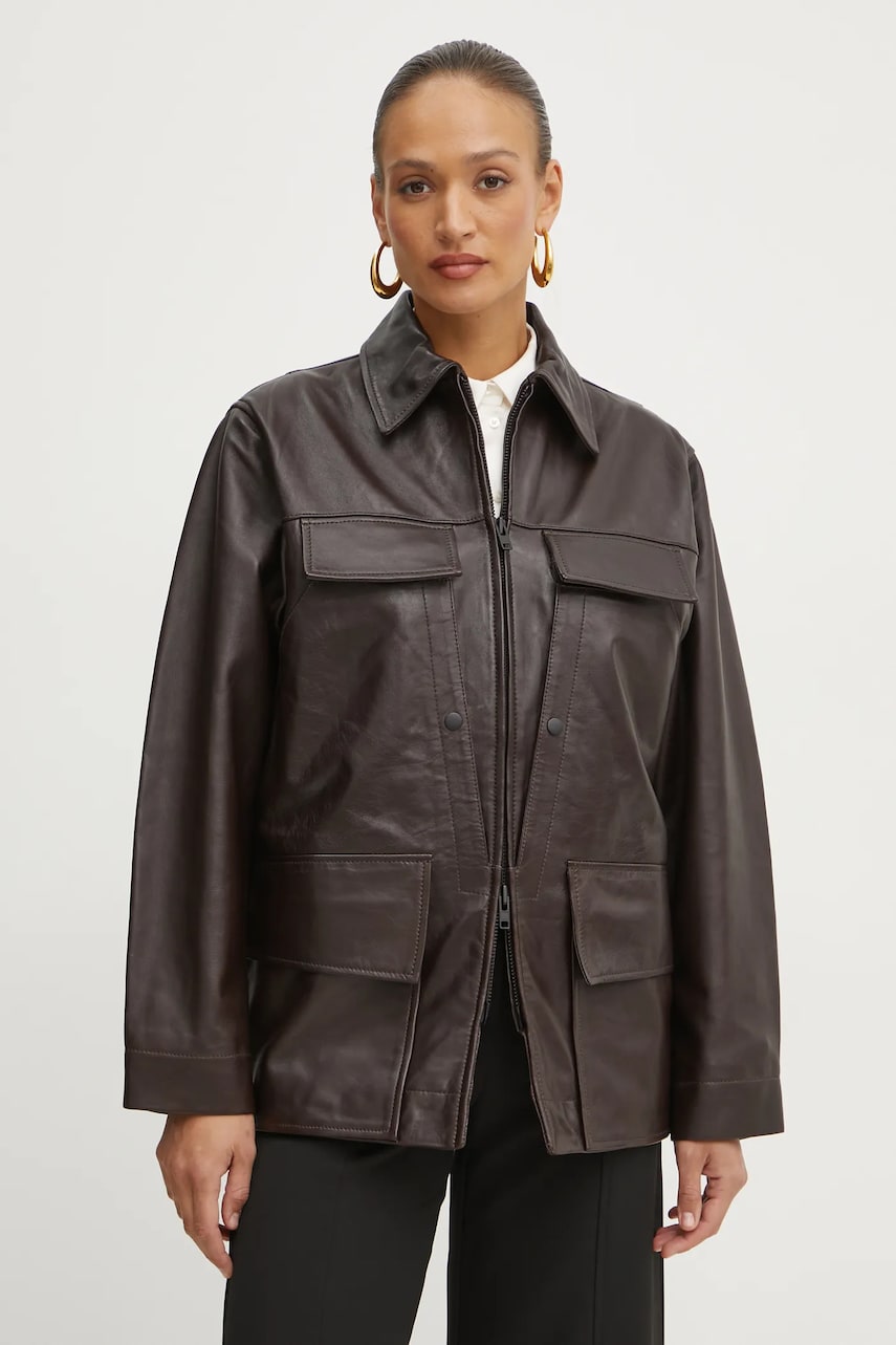 Victoria Beckham geacă de piele femei, culoarea maro, de tranziție, 1125LJK006091A Victoria Beckham geacă de piele femei, culoarea maro, de tranziție, 1125LJK006091A