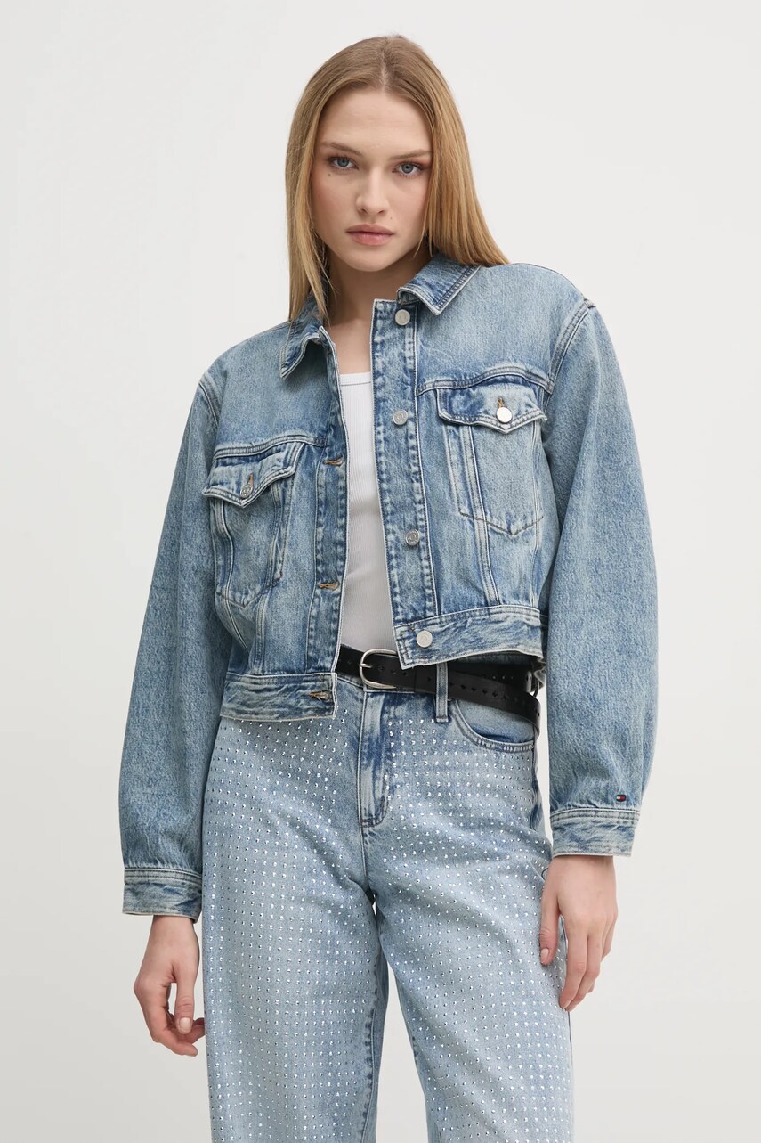 Levně Džínová bunda Tommy Hilfiger dámská, modrá barva, přechodná, WW0WW43731