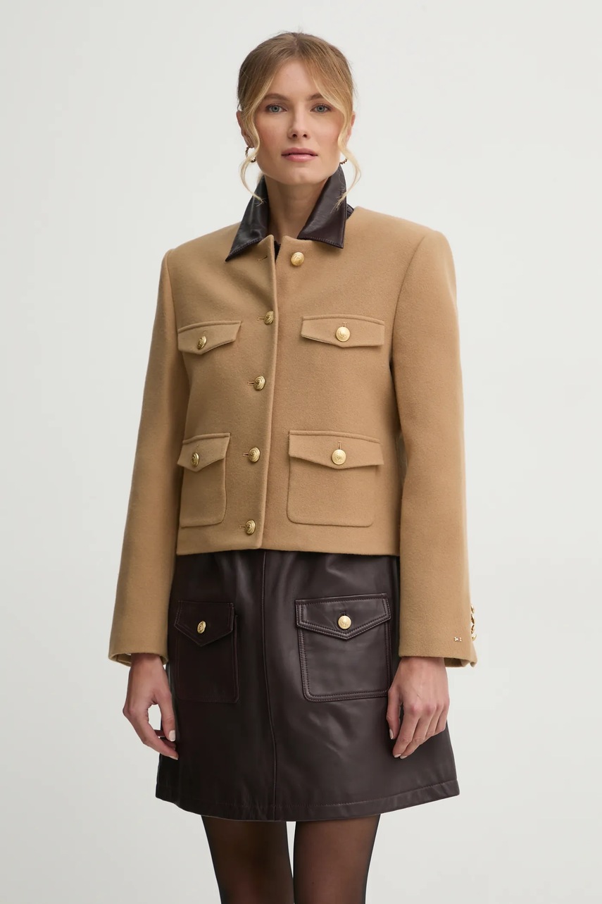 Levně Vlněná bunda Tommy Hilfiger hnědá barva, přechodná, WW0WW43754