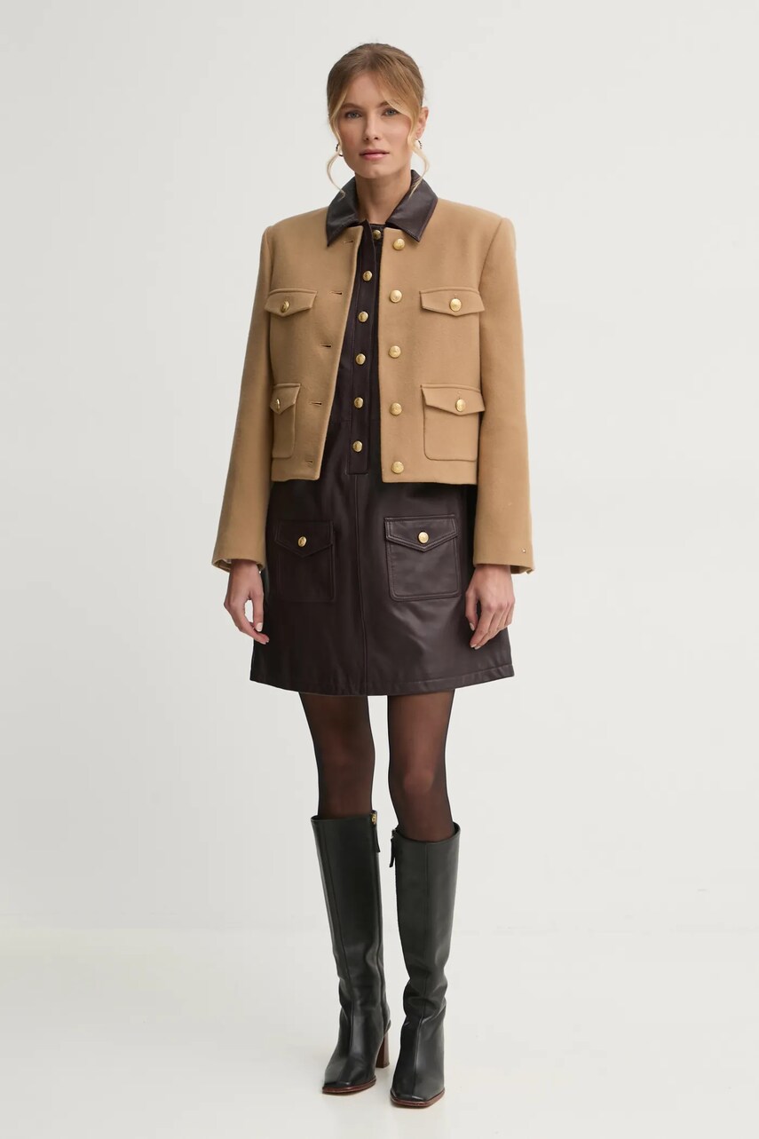 Шерстяная куртка-бомбер Tommy Hilfiger цвет коричневый переходная WW0WW43754 Шерстяная куртка-бомбер Tommy Hilfiger цвет коричневый переходная WW0WW43754