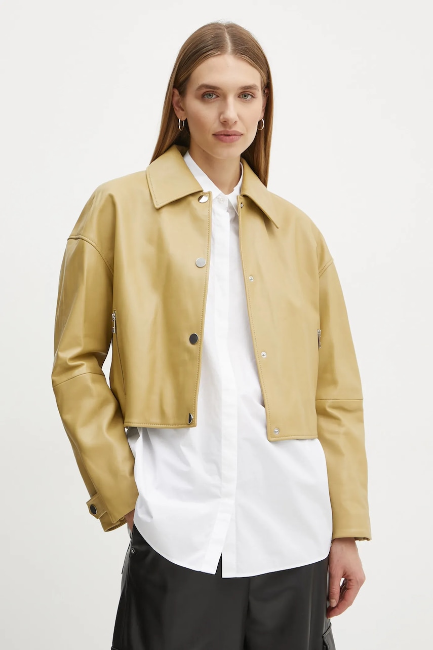 BOSS geaca de piele femei, culoarea verde, de tranzitie, oversize, 50535759
