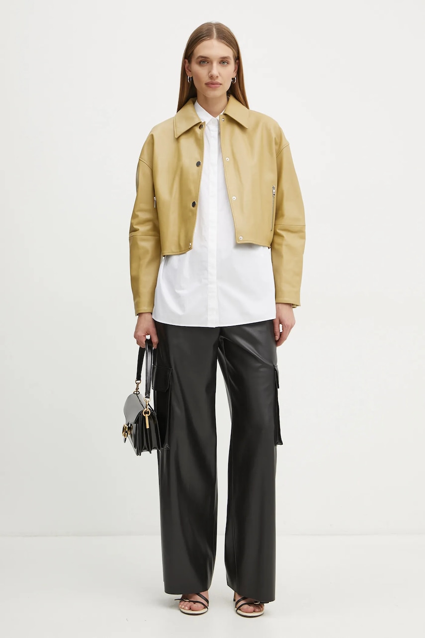 Кожаная куртка BOSS женская цвет зелёный переходная oversize 50535759 Кожаная куртка BOSS женская цвет зелёный переходная oversize 50535759