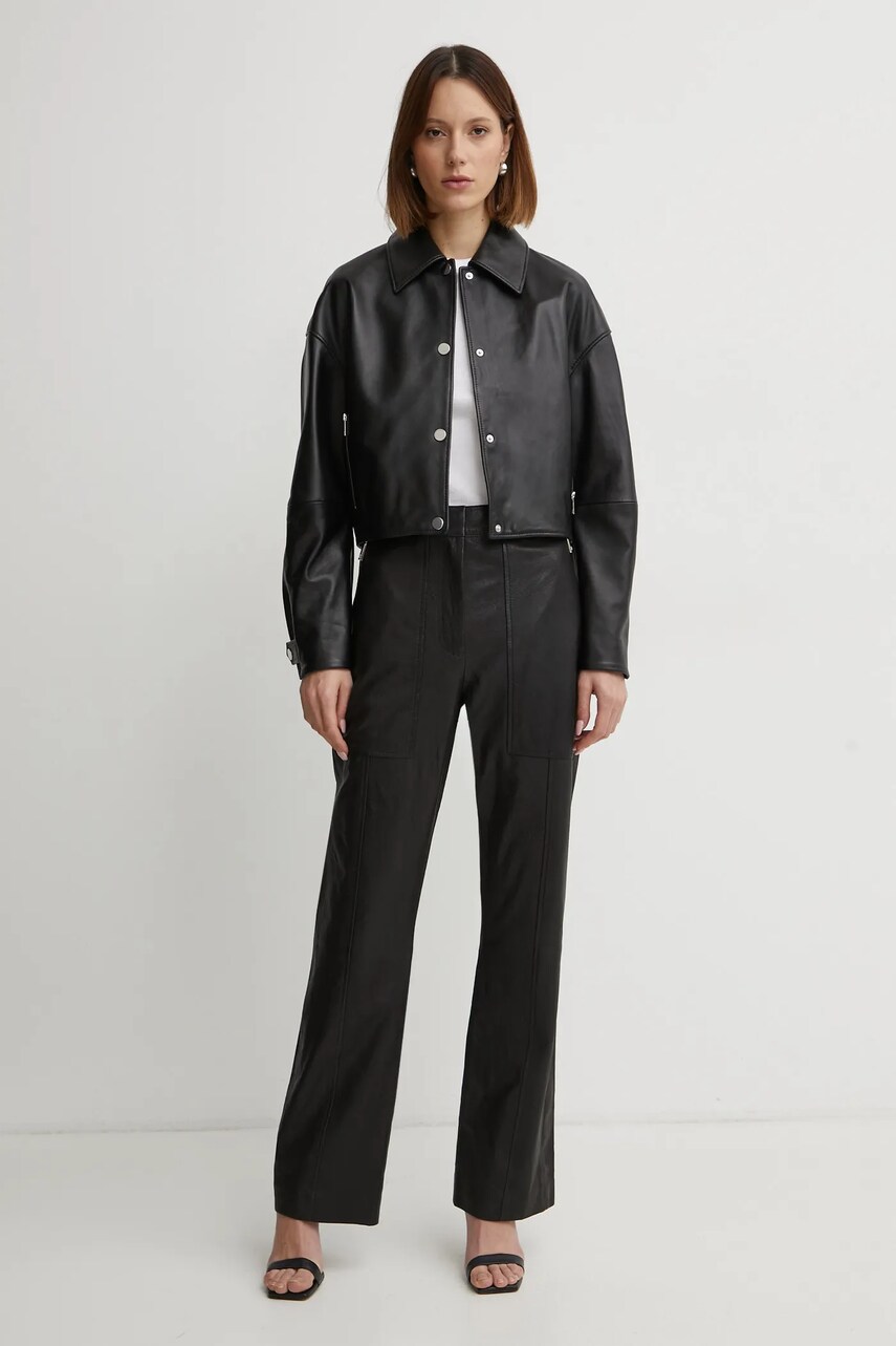 Кожаная куртка BOSS женская цвет чёрный переходная oversize 50535759 Кожаная куртка BOSS женская цвет чёрный переходная oversize 50535759