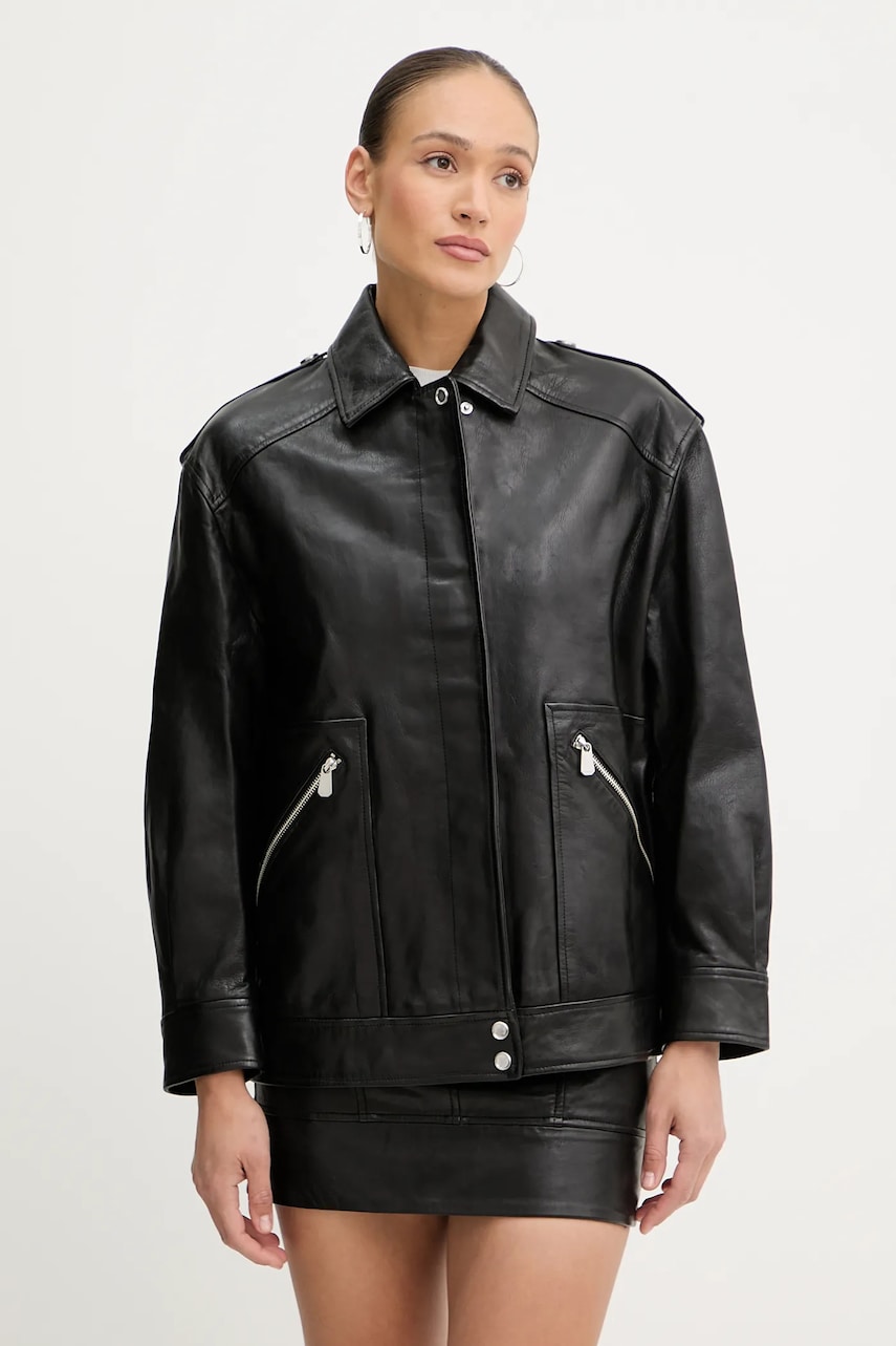 Kožená bunda Pinko černá barva, přechodná, oversize, 105012 A2I1