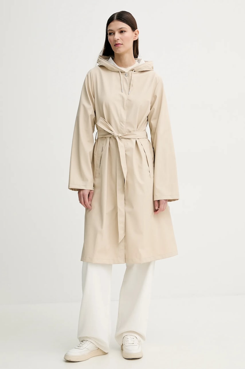 Rains geaca A-Line Longer W Jacket W3 femei, culoarea bej, de tranzitie, 12040 Rains geaca A-Line Longer W Jacket W3 femei, culoarea bej, de tranzitie, 12040