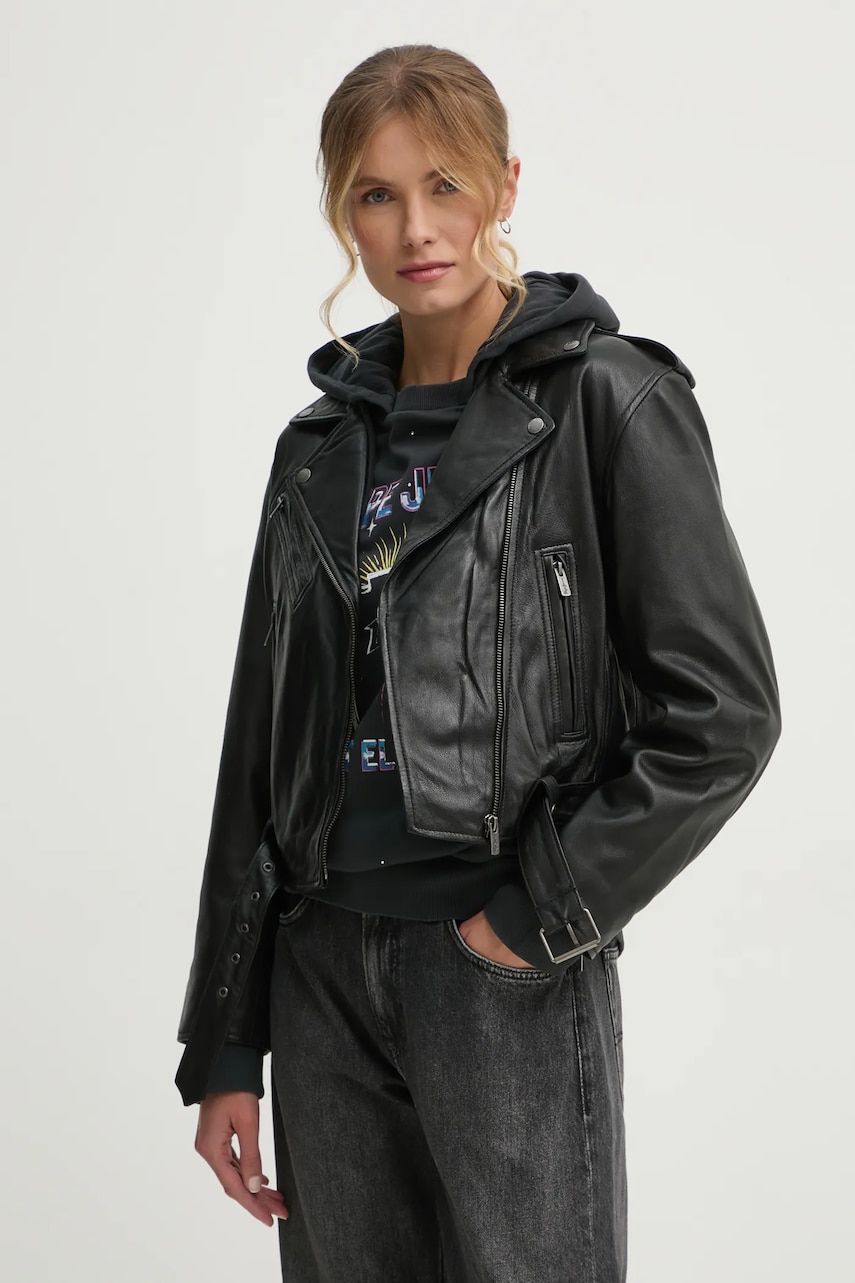 Pepe Jeans geaca ramones de piele FRANKA femei, culoarea negru, de tranzitie, PL402494 Pepe Jeans geaca ramones de piele FRANKA femei, culoarea negru, de tranzitie, PL402494