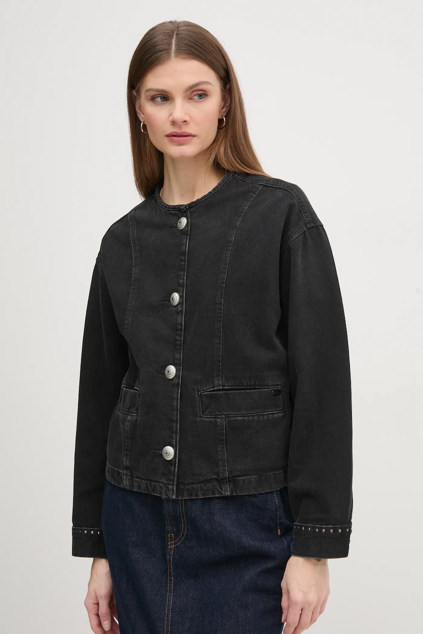 Pepe Jeans geacă din denim DAENA STUD femei, culoarea negru, de tranziție, oversized, PL402524 Pepe Jeans geacă din denim DAENA STUD femei, culoarea negru, de tranziție, oversized, PL402524
