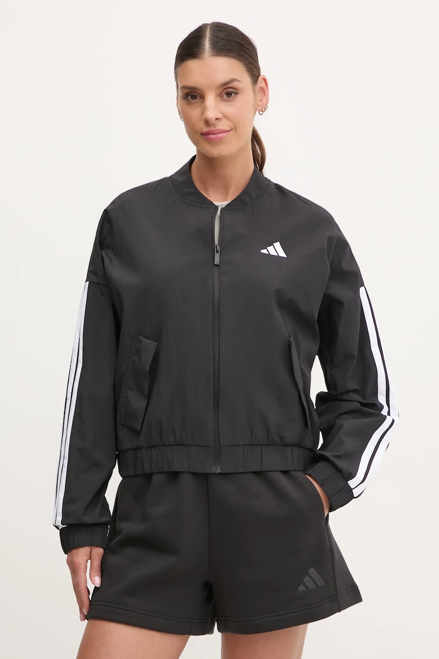 adidas geaca bomber Essentials femei, culoarea negru, de tranzitie, oversize, JD5317 adidas geaca bomber Essentials femei, culoarea negru, de tranzitie, oversize, JD5317