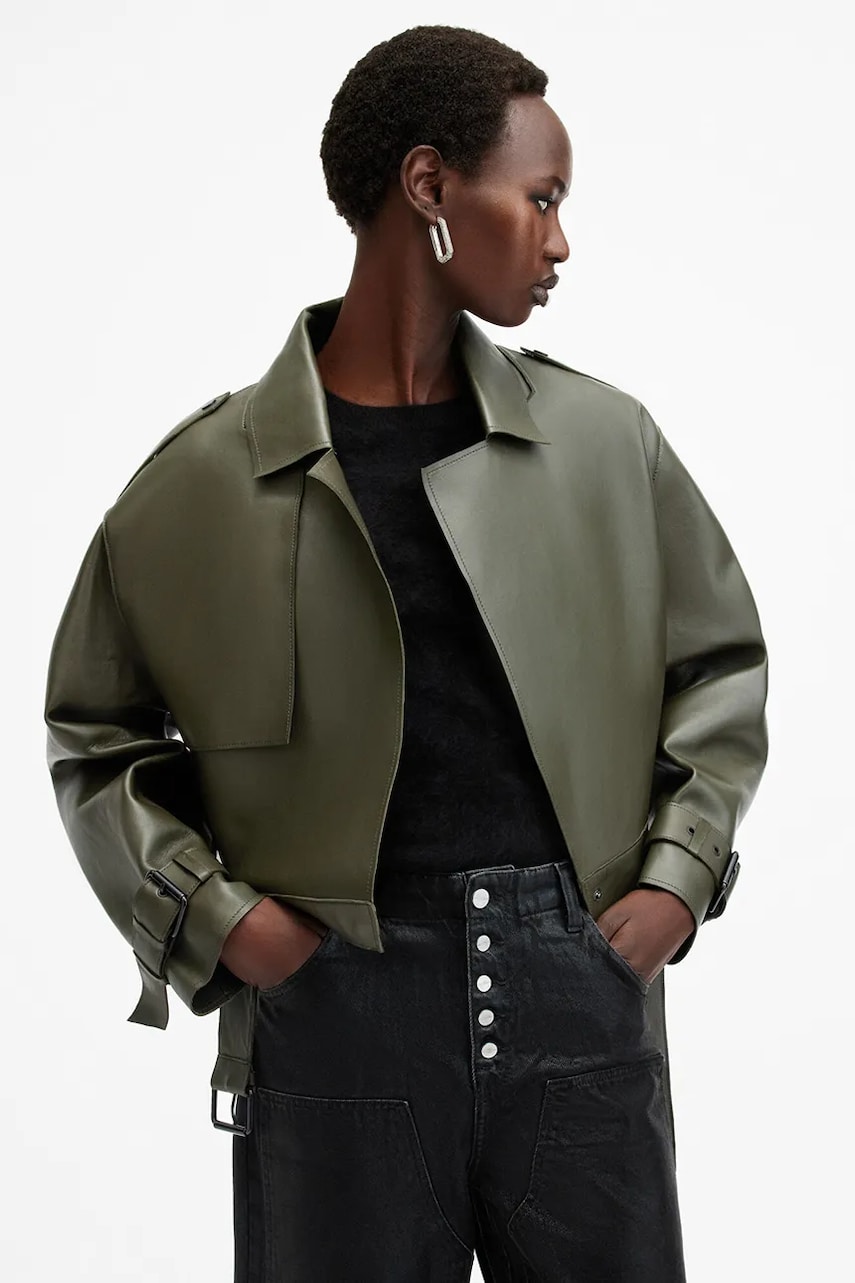 AllSaints geacă de piele OPHELIA femei, culoarea verde, de tranziție, oversize, W045LB