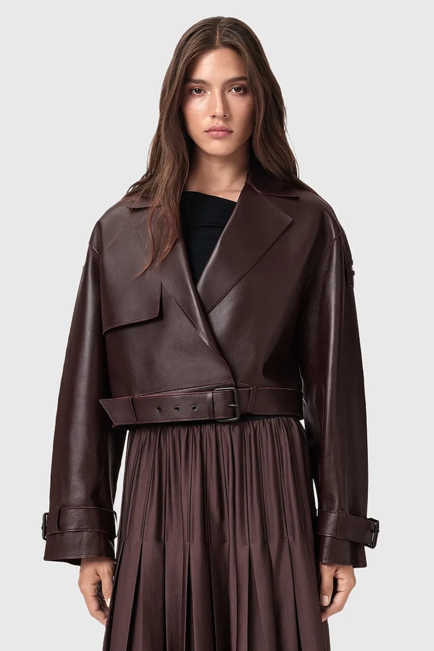 Levně Kožená bunda AllSaints OPHELIA dámská, zelená barva, přechodná, oversize, W045LB