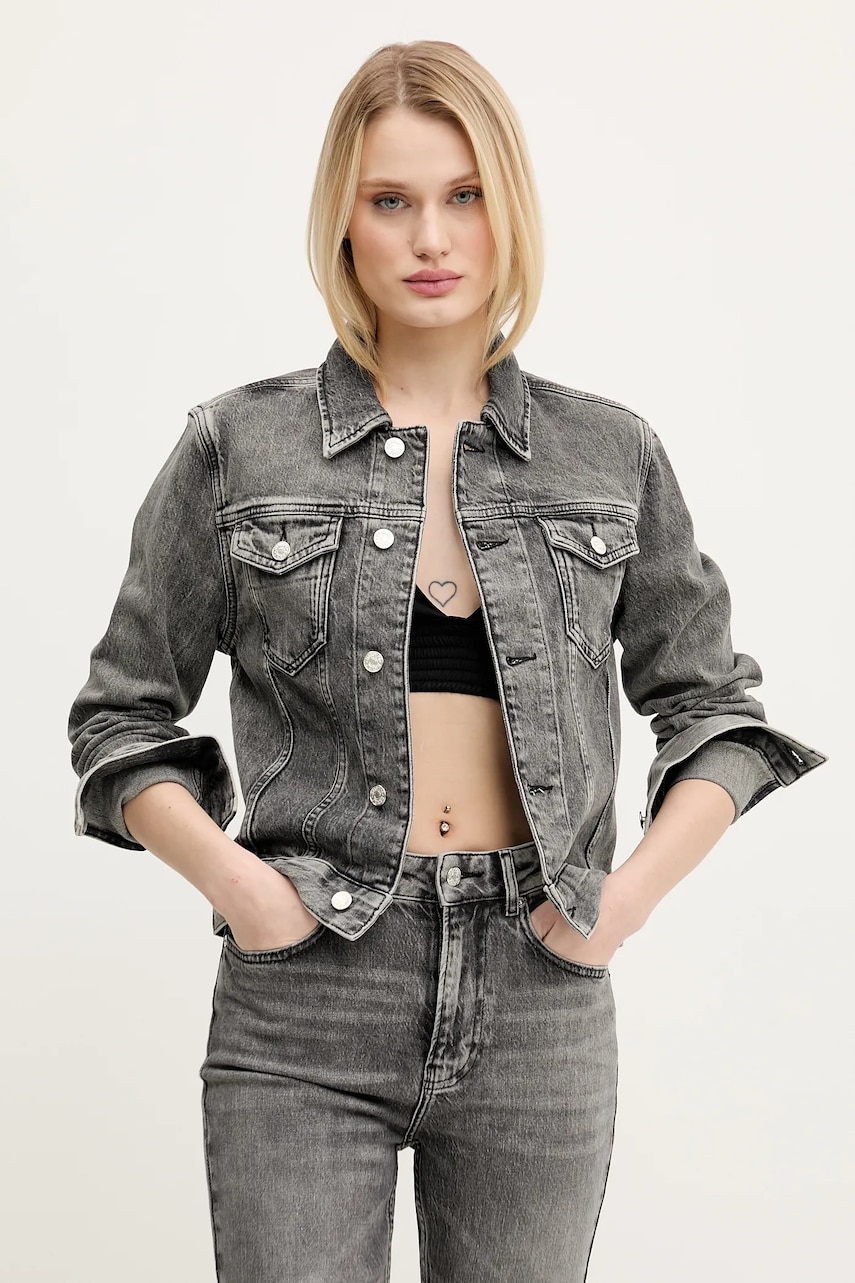 Moschino Jeans geacă din denim culoarea gri, de tranziție, 0512 3219 Moschino Jeans geacă din denim culoarea gri, de tranziție, 0512 3219