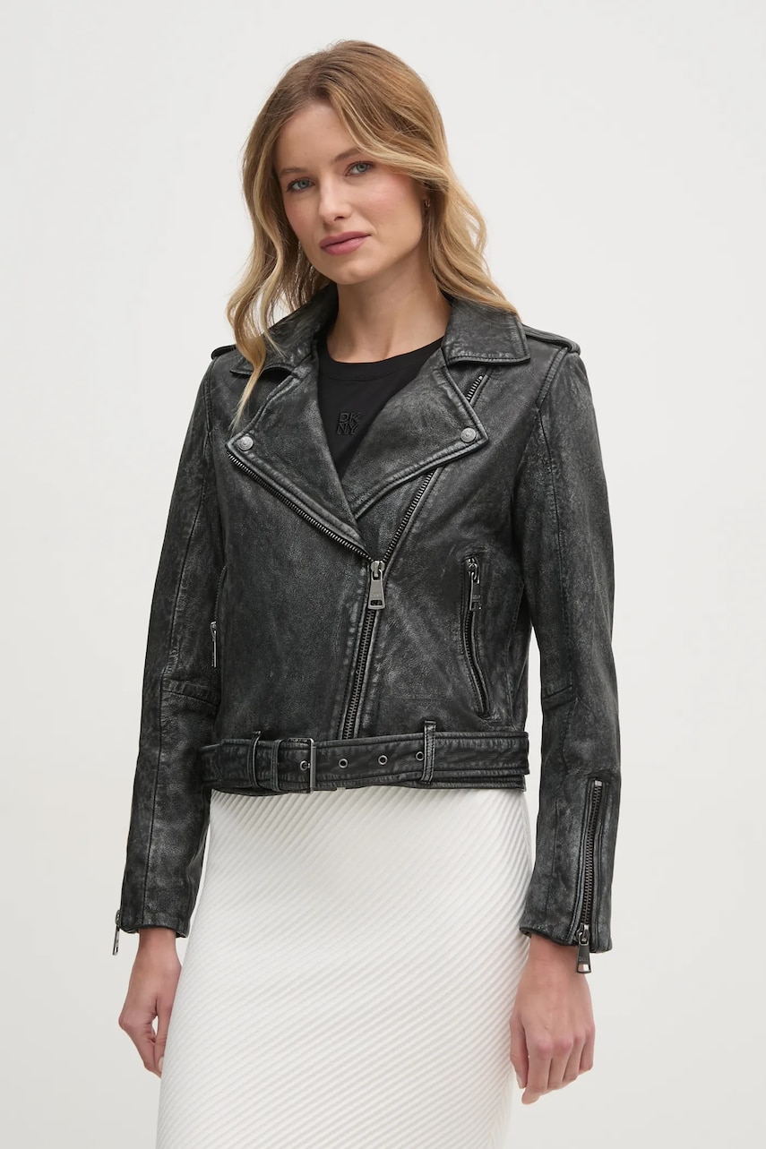 Dkny geaca ramones femei, culoarea gri, de tranzitie, DJ4J6062 Dkny geaca ramones femei, culoarea gri, de tranzitie, DJ4J6062