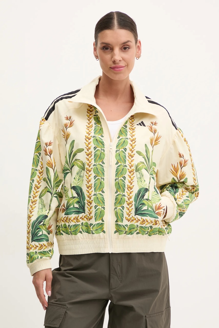 adidas geaca x Farm Rio femei, culoarea bej, de tranzitie, oversize, JD6304 adidas geaca x Farm Rio femei, culoarea bej, de tranzitie, oversize, JD6304